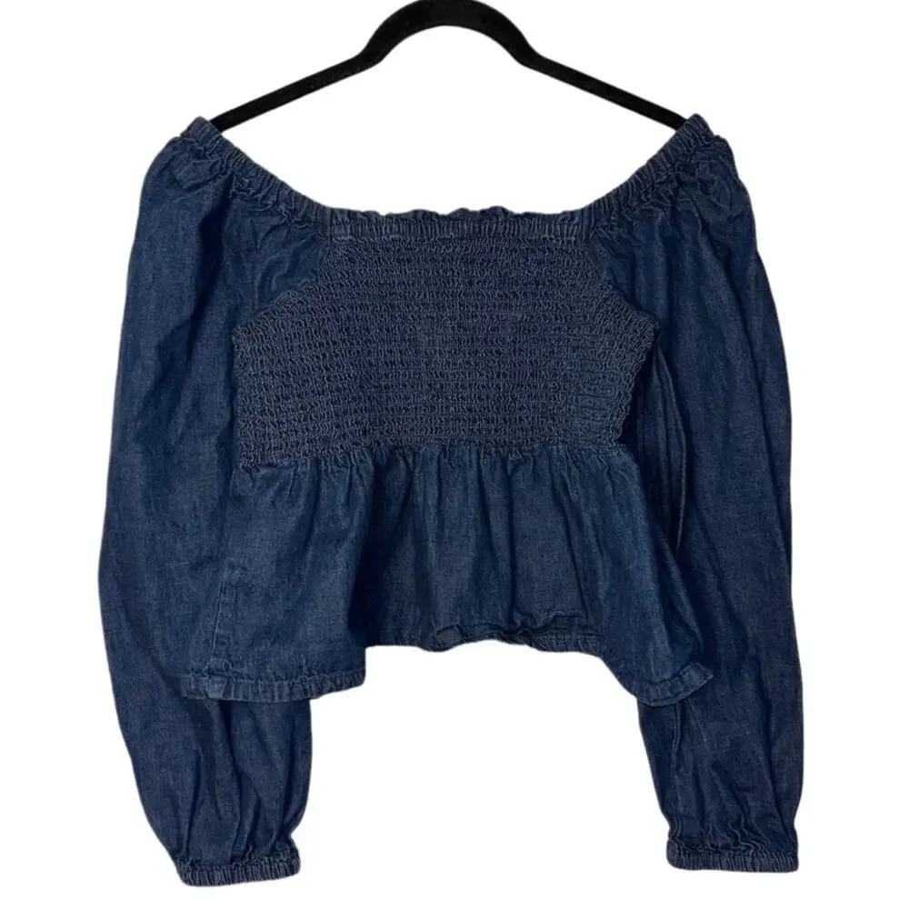 J. Crew Chambray Smocked Puffed-Sleeve Top Birch Wash (off shoulder) woman's Med